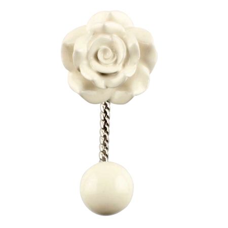 Cream Rose Flower Ceramic Wall Hook in Silver Fitting 